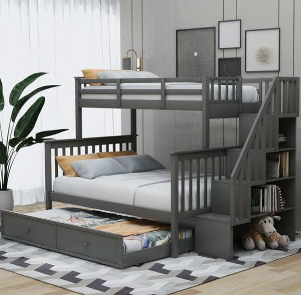 Stairway Twin-Over-Full Bunk Bed with Twin Size Trundle, Stairs, Storage and Guard Rail for Bedroom, Dorm, for Kids, Adults, Space-Saving, Gray Color