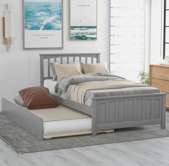 Twin Size Platform Bed with Trundle, Twin Bed Frame with Headboard, for Kids, Toddlers, Boys and Girls, Gray, 79.5"L x 42"W x 41.1"H
