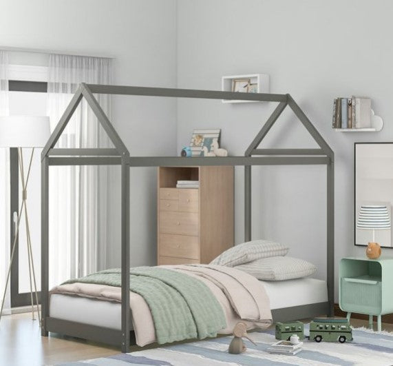 Modern Twin Size Wooden House Bed, Pine Wood and MDF Wood Frame Gray Twin Size Bed, House-shaped Design for Kids, 76.1"x 41.5", Gray