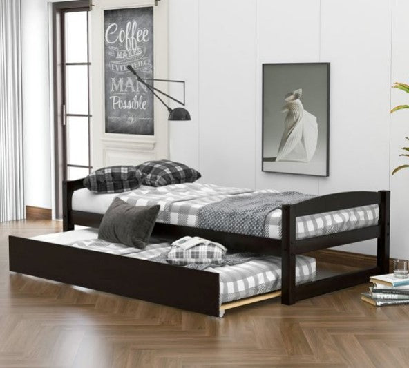 Twin size platform bed, Wooden Daybed with Trundle, No Box Spring Needed, 76"x 39.8", Espresso