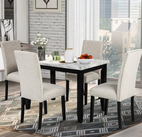 Retro Faux Marble 5-Piece Dining Set Table with 4 Thicken Long Back Cushion Dining Chairs, Home Kitchen Furniture, White/Beige