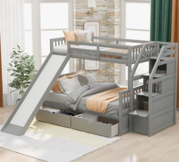 Wooden Twin Over Full Bunk Bed Frame with Slide, Stairs and 2 Storage Drawers,Heavy Duty Bunk Bed for Kids, Boys/Girls Gray