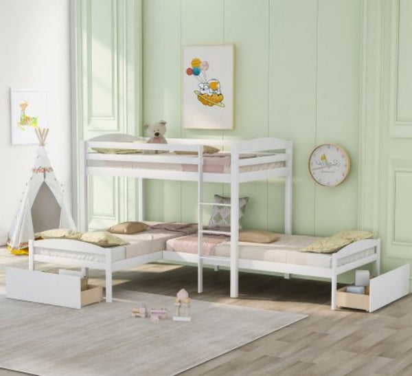 Triple Bunk Bed, L-Shaped Twin-Over-Twin Bunk Bed Wood Triple Bunk Bed Frame with Two Drawers and Ladder, Gray/White