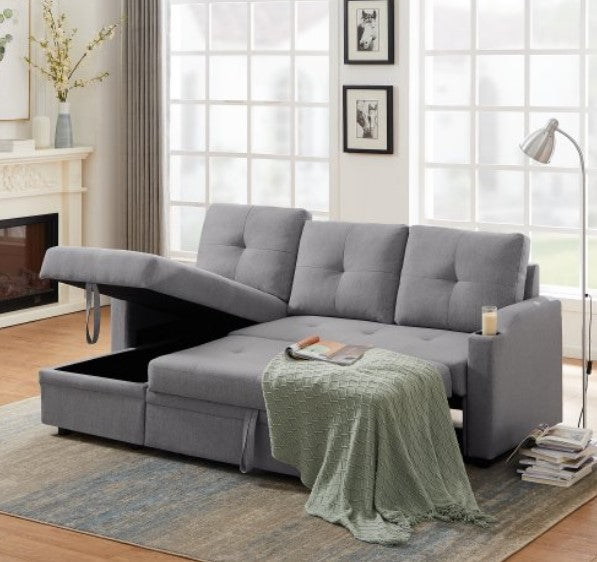 Reversible Sleeper Sectional Sofa with Storage and 2 Cup Holder -Contemporary Corner Sectional with Pull-Out Sleeper and Chaise,3 Seat Sectional Sofa with Storage