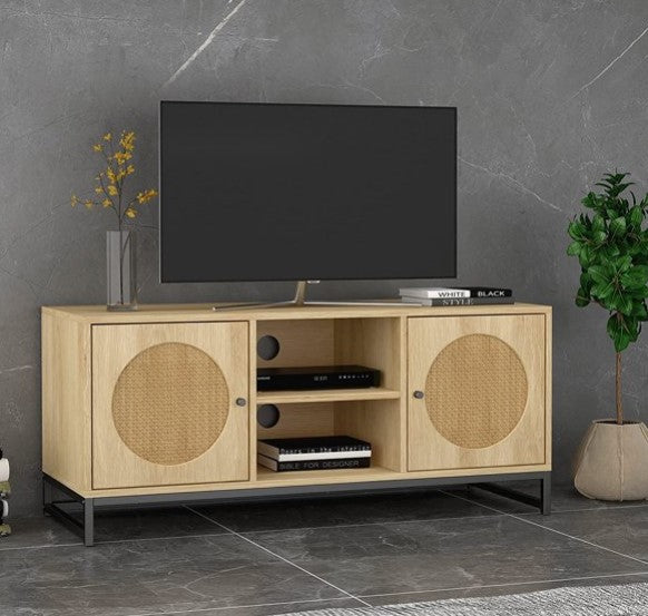 Modern TV Stand Entertainment Cabinet, Console with 2 Nature Circular Rattan Weave Finish Boho-Style Door and Storage Shelf for Living Media Room