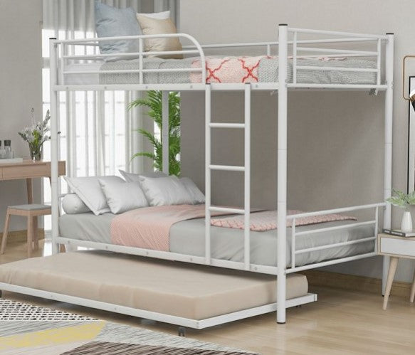 Triple Tree Metal Bunk Bed with Trundle, Twin-Over-Twin, White