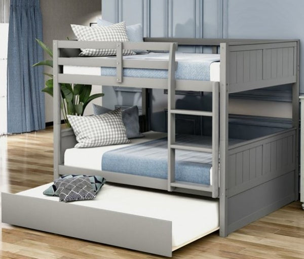 Full Over Full Bunk Bed with Twin Size Trundle, Twin Bed Frame with Headboard,3-Step Ladder,for Kids, Toddlers, Boys & Girls,Gray