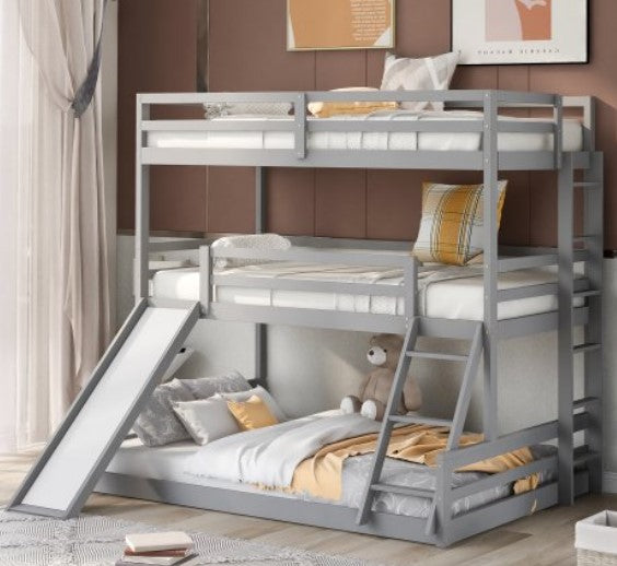 Triple Bunk Beds Twin Over Twin Over Full with Slide and Convertible Ladder, Solid Wood Triple Bunk Bed for Kids ,Teens, Boys, Girls (Gray)