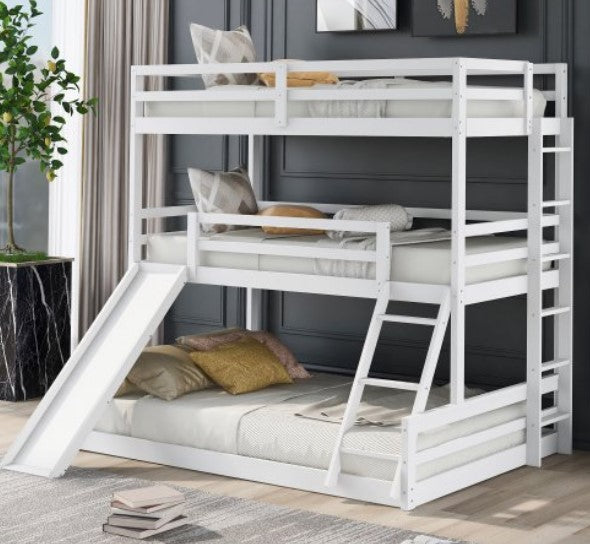 Triple Bunk Beds Twin Over Twin Over Full with Slide and Convertible Ladder, Solid Wood Triple Bunk Bed for Kids ,Teens, Boys, Girls (White)