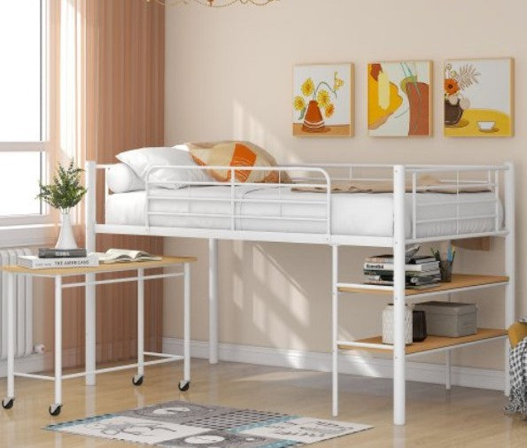 Loft Twin Bed with Desk, Low Loft Bunk Bed with Shelves, Low Loft Bunk Bed Frame with Ladder and Full-Length Guardrails for Kids and Teen, Boys, Girls(White)