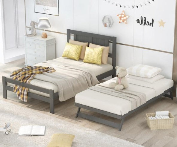 Platform Bed Frame Full Size, Wooden Bed with Adjustable Trundle and Headboard for Kids Teen Boy Girl, Gray 78.5x54.75x39.5inch