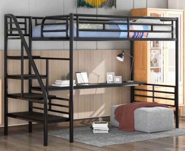 Metal Loft Bed Frame with Desk, Twin Loft Bed with Stairs, Heavy Duty Noisy Free No Box Spring Needed, Black