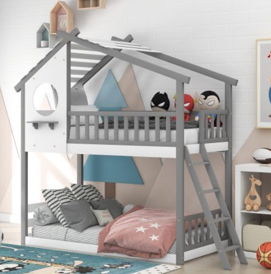 JINS & VICO Bunk Bed, Twin Over Twin House Bed Frame with Roof, Window, Ladder and Guardrails, Wood 2-in-1 Bunk Beds for Kids, Adults Bedroom Dorm, Space Saving, Gray