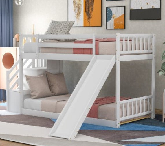 Solid Wood Low Bunk Bed for Kids, Twin Over Twin Floor Bunk Bed with Slide and Stair, Stairway with Storage Shelves/Handrail, Space-Saving Bedroom Dormitory Furniture