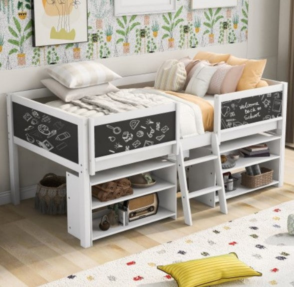 Twin Size Loft Bed with Two Movable Shelves and Ladder, Low Bedframe w/ Decorative Guardrail Chalkboard