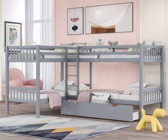 Triple Tree Quad Bunk Bed Twin L-Shaped with Trundle and Guardrail, No Spring Box Needed Solid Wood Bunk Bed Twin Over Twin with Ladder and Guard, Gray