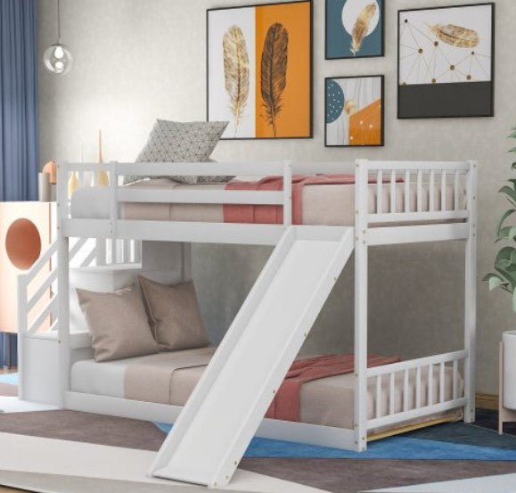 Solid Wood Low Bunk Bed for Kids, Twin Over Twin Floor Bunk Bed with Slide and Stair, Stairway with Storage Shelves/Handrail, Space-Saving Bedroom Dormitory Furniture