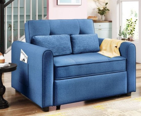 Pull Out Sofa Bed, 48" Convertible Sleeper Sofa Bed, Multi-Functional Adjustable Single Bed Chair with USB Port and 2 Pillows, Small Couches for Small Spaces, Blue