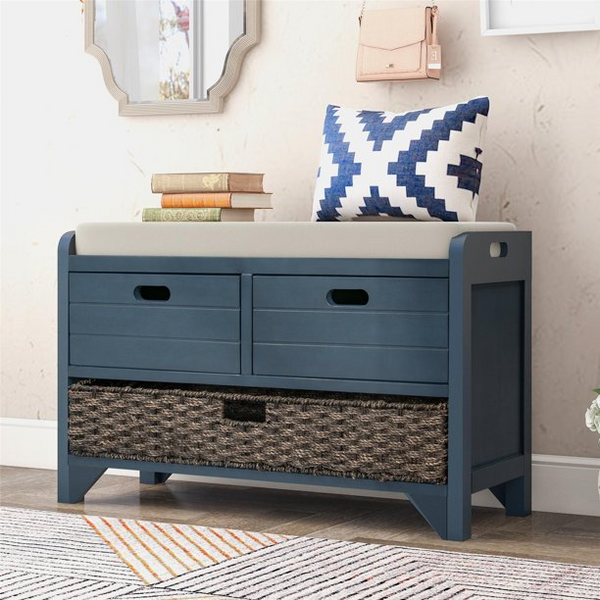 Narrow Storage Bench, Solid Wood Entryway Bench with Removable Basket and 2 Drawers, Classic Accent Shoe Bench with Removable Cushion for Hallway Dining/Living Room, Fully Assembled, Navy