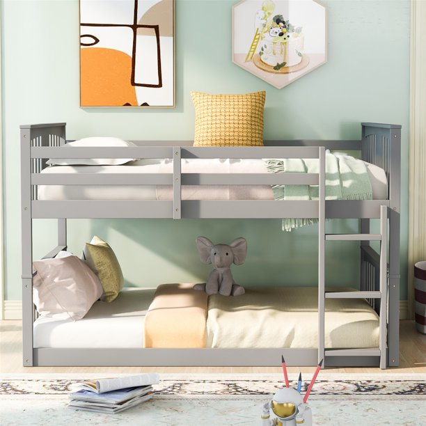 Triple Tree Low Bunk Beds, Full Over Full Wood Floor Bunk Bed Frame for Kids Teens Adults Dormitory Bedroo, No Box Spring Needed, Gray
