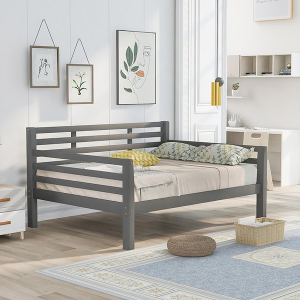 Full Size Daybed for Kids Teens Adult, Multi-Functional Wooden Platform Bed with Backboard, No Box Spring Needed, Slats Support, Gray 75x54.1x38.1 inch
