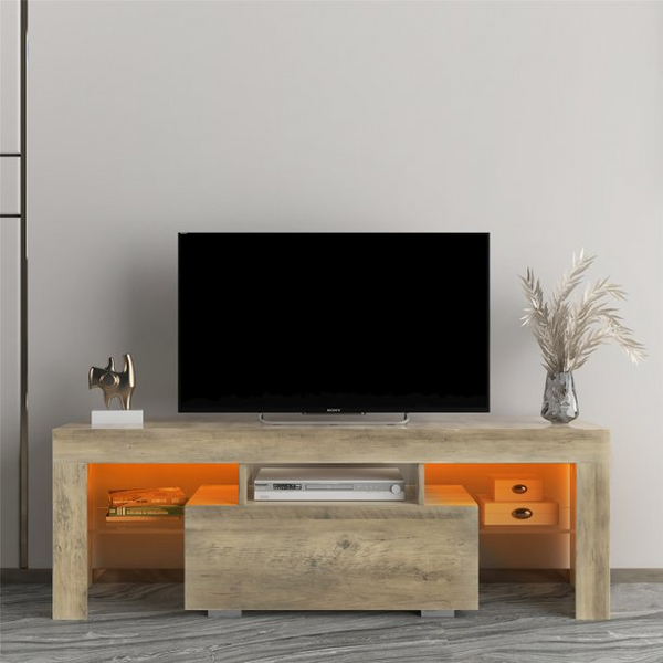 TV Stand with LED RGB Lights for 55 Inch TV, Flat Screen TV Cabinetwith Storage Drawer and Shelves, Entertainment Center Media Console Table for Living Room Bedroom, Rustic Oak