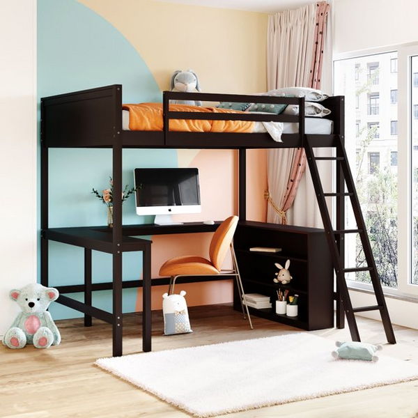 Full Size Loft Bed with 3 Storage Shelves and Built-in Desk, Wooden Loft Bed Frame with Convertible Ladder and Guardrails, No Box Spring Needed, Espresso 78.1"L x 57.3"W x 72"H