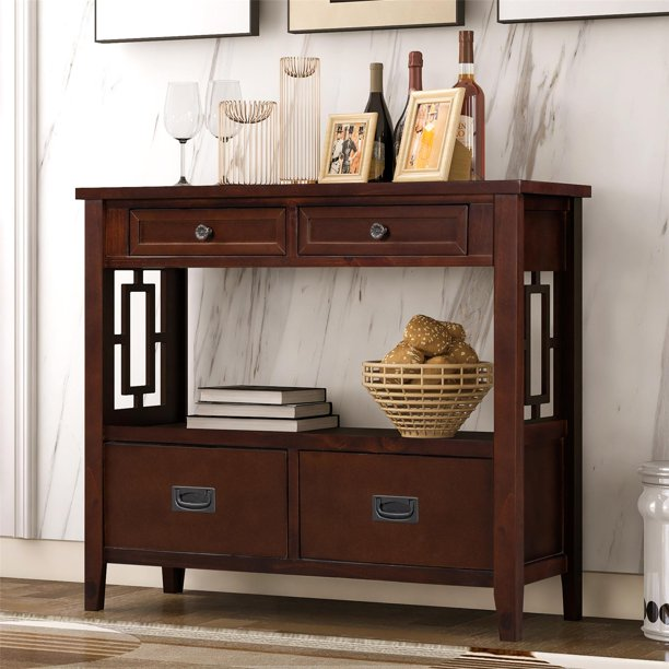 Narrow Console Table 4 Storage Drawers and Shelf, Modern Pine Wood Buffet Sideboard, Retro Sofa Table for Living Room Hallway Entryway Bedroom Kitchen Entrance, 31.5 x 36.02 x 13 Inch Espresso Finish