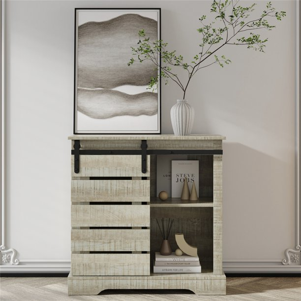 Farmhouse Sideboard with Sliding Barn Door, Coffee Bar Cabinet Buffet Console Table Cupboard with Storage Shelves for Entryway Dining Room Living Room, Gray