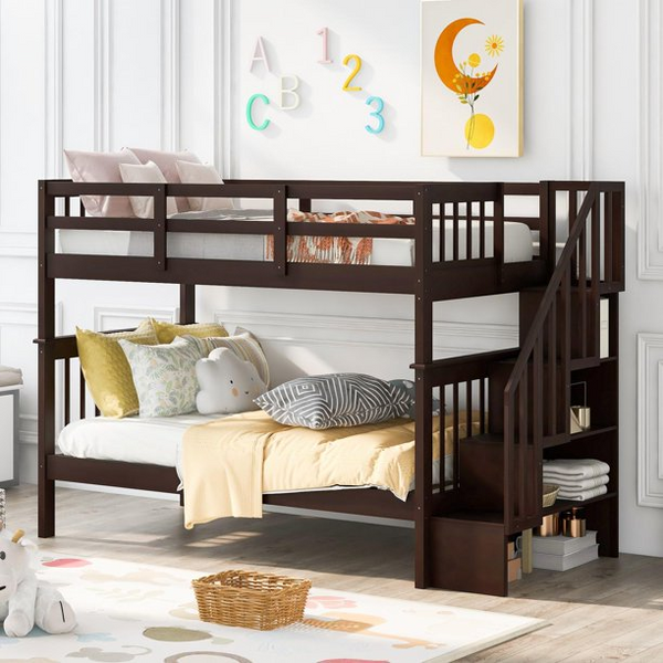 Twin Over Twin Bunk Bed with Storage Stairs and Guard Rail for Bedroom Dorm Kids Adults, No Box Spring Needed, Espresso 94.2''L x 42.9''W x 63.1''H