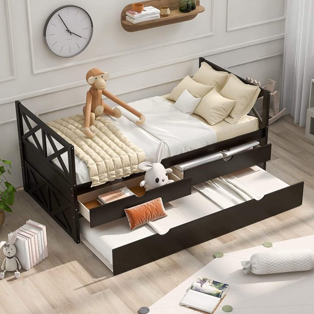 Twin Size Platform Storage Bed with Trundle, Multi-Functional Twin Daybed with 2 Storage Drawers (Black)