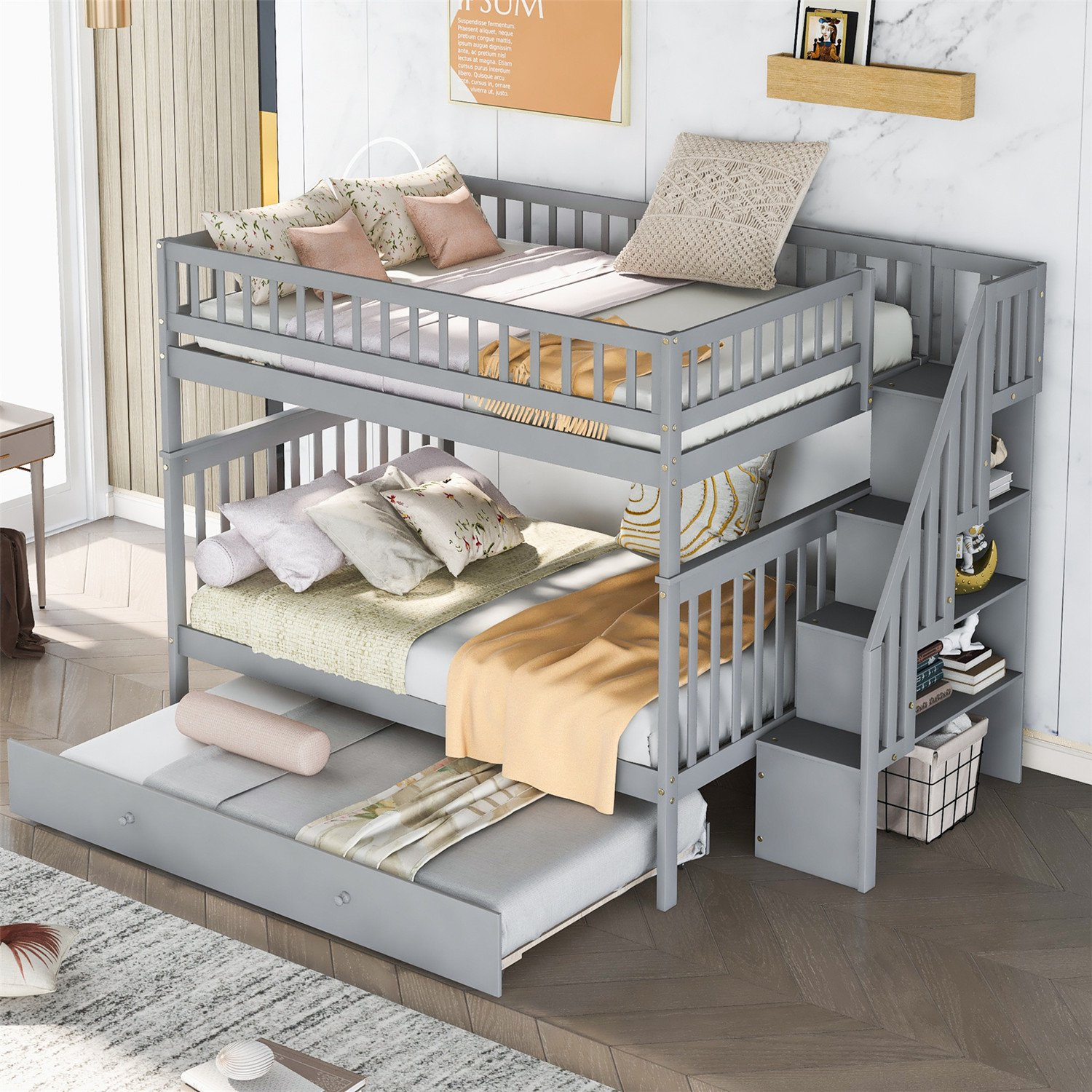 Full Over Full Bunk Bed with Trundle and Storage Stairs, Solid Wood Bunk Bed with Guard Rail, for Kids Teens Adults, No Box Spring Needed, Gray 92.9''Lx57.9''Wx65.4''H