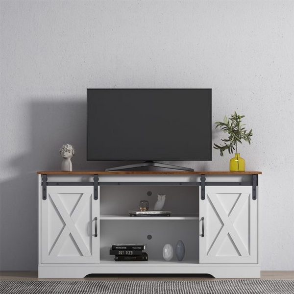 TV Stand with Sliding Barn Door and Adjustable Shelves, Farmhouse Wood Entertainment Center for TVs Up to 65", Storage Cabinet Table Media Console for Living Room Bedroom, White