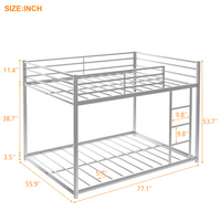 Kids Low Bunk Bed, Modern Metal Bunk Bed Full Over Full, Heavy Duty Bunk Bed Frame with Safety Guardrails and Ladder for Teens Boys Girls Adults, No Box Spring Needed, Silver