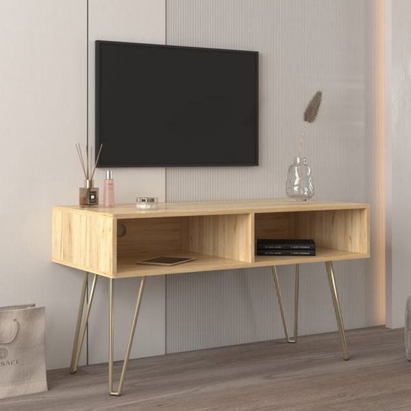 TV Stand with 2 Open Storage Compartments and Metal Legs, Entertainment Center for Flat Screen TVs up to 60 inches, Oak