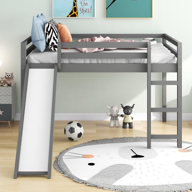 Full Loft Bed with Slide and Ladder for Kids, Wood Low Sturdy Loft Bed for Boys Girls Bedroom, No Box Spring Needed, Gray 77.4''L x 57.2''W x 49.2''H