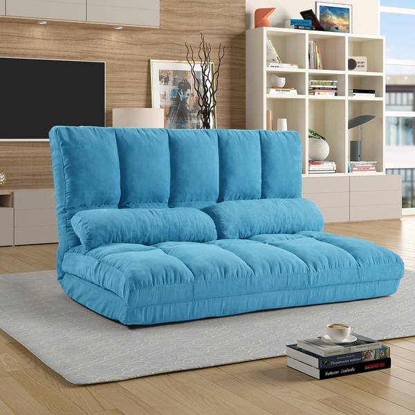 Fold Down Sofa Bed Lazy Sofa Floor Couch Adjustable Folding Modern Futon Chaise Video Gaming Lounge Convertible Upholstered Memory Foam Padded Cushion Guest Sleeper Chair with Two Pillows, Blue