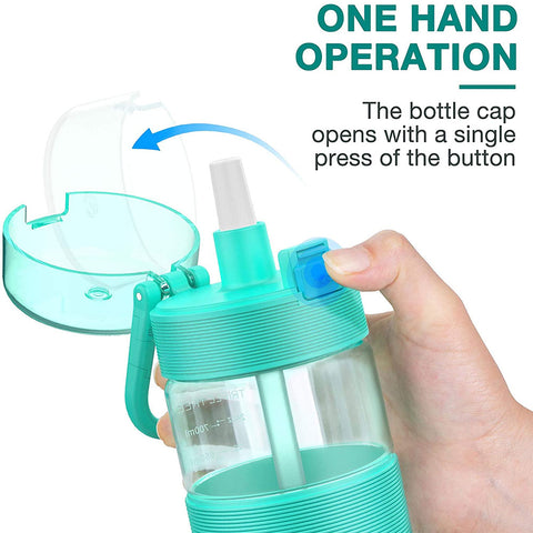 TRIPLETREE Sports Water Bottle With Straw, Tritan Plastic & Flip-Up Lid, Spring Buckle