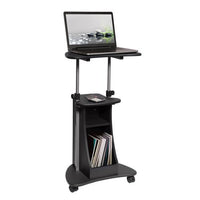 Mobile Laptop Podium, Height Adjustable Sit to Stand Desk with Tilting Desktop & Storage Cabinet, Ergonomic Rolling Lectern Cart Laptop Desk, Office Podium Stand on Wheels (Graphite)