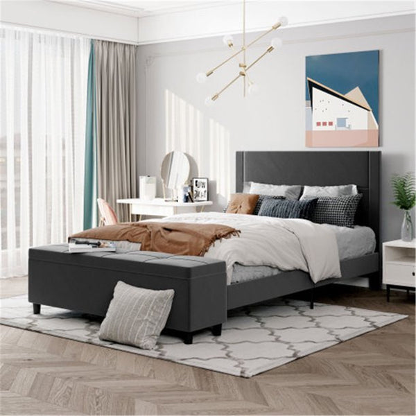 Queen Size Platform Bed with Storage Ottoman, No Springn Box Needed, Dark Gray