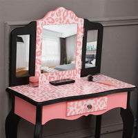 Kids Wooden Vanity Table and Stool Set - Make-up Vanity Station with Detachable Three-Fold Mirror and Single Drawer - Children's Dressing Table and Chair with Arc Foot Design - Red Leopard Print