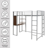 Twin Size Loft Bed with Desk and Shelves, Metal Loft Bed Frame with 2 Built-in Ladder and Safety Guardrails for Kids Teens Adults, No Box Spring Needed, Silver 79.9" L x 41.7" W x 71.7" H