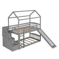 Bunk Bed with Storage Drawers and Slide, Wood House Bed Frame with Ladder and Guardrail, Twin Over Twin Bunk Bed Loft Bed for Kids Teens Boys and Girls, No Box Spring Required, Gray