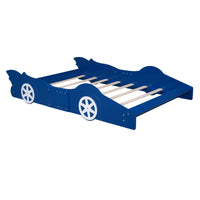 Full Size Race Car-Shaped Platform Bed for Kids, Solid Wood Bed Frame with Safety Rails and Wheels, Modern Low Bed with Sturdy Slats Support for Boys and Girls, No Box Spring Needed, Blue