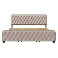 King Bed Frame with 4 Storage Drawers, Upholstered Platform Bed Frame with Button Tufted Headboard, Storage Bed Frame, Heavy Duty Mattress Foundation with Wooden Slats, No Box Spring Needed, Beige