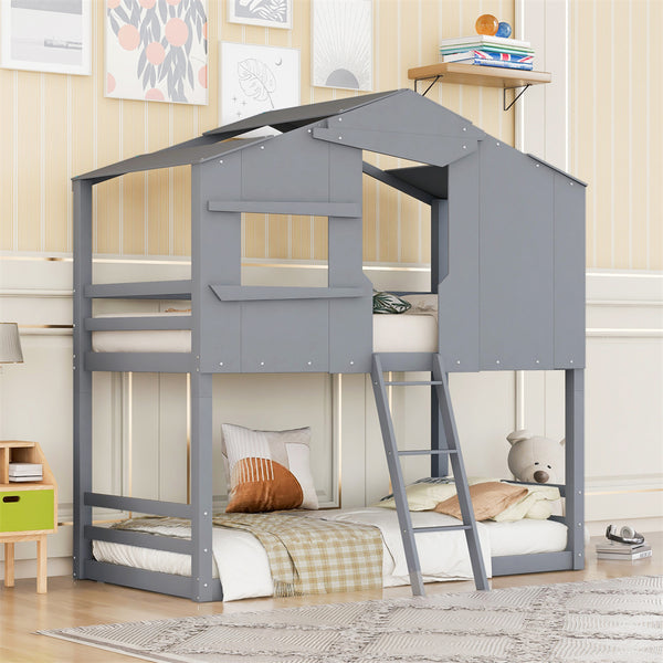 Wooden House Shaped Bunk Bed, Twin Over Twin Bunk Bed for Kids, Toddler, Girls and Boys, Playhouse Low Bunkbed Solid Wood Frame with Roof, Ladder and Window, No Box Spring Needed, Gray