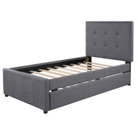 Upholstered Twin Size Linen Platform Bed with Headboard and Pull out Trundle, Bedroom Bedframe with Solid Wood Slats & Center Legs,For Kids Teens Adults,No Box Spring Required