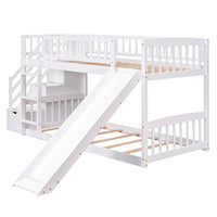 Stairway Bunk Beds Twin over Twin, Wooden Bunk Bed Frame with Kids Slide and Storage Staircase, 2-in-1 Storage Beds Frame with Ladder and Safety Guardrails for Boys Girls Bedroom, White