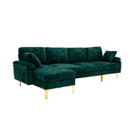 U-Shaped Sectional Sofa Couches with Movable Ottoman, Upholstered Accent Sofa Futon Sleeper Sofa with Extra Wide Double Chaise, 114.42'' Modular Sofa with 2 Pillows & Golden Metal Legs, Emerald