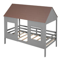 Twin Size House Bed, Low Loft Bed with Brown Roof and 2 Front Windows for Kids Teens Adults, Playhouse Bed Frame with Slat Support and Safety Guardrails for Bedroom, No Box Spring Required, Gray